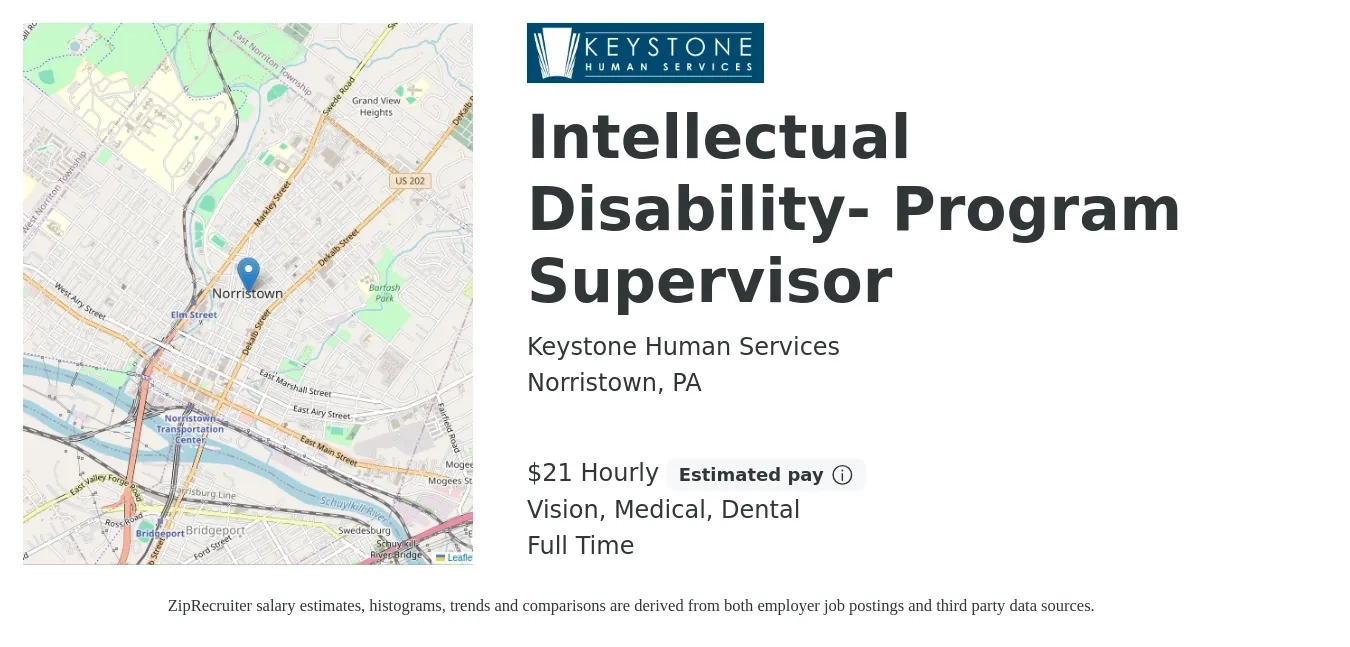 Keystone Human Services job posting for a Intellectual Disability- Program Supervisor in Norristown, PA with a salary of $22 Hourly and benefits including dental, life_insurance, medical, retirement, and vision with a map of Norristown location.