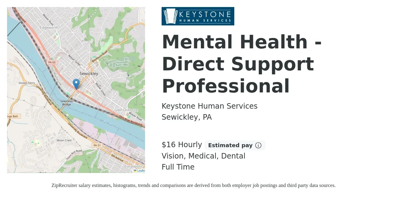 Keystone Human Services job posting for a Mental Health - Direct Support Professional in Sewickley, PA with a salary of $17 Hourly and benefits including dental, life_insurance, medical, pto, retirement, and vision with a map of Sewickley location.