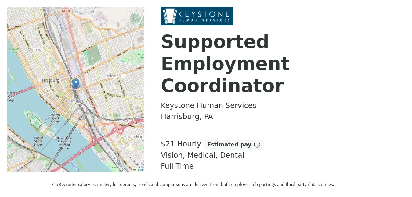 Keystone Human Services job posting for a Supported Employment Coordinator in Harrisburg, PA with a salary of $22 Hourly and benefits including life_insurance, medical, pto, retirement, vision, and dental with a map of Harrisburg location.