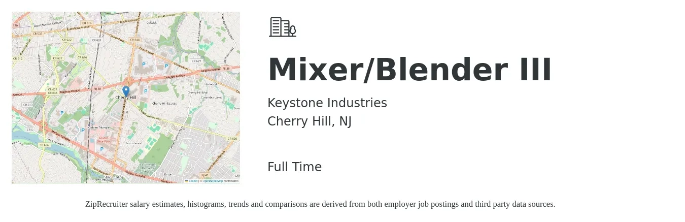 Keystone Industries job posting for a Mixer/Blender III in Cherry Hill, NJ with a salary of $15,000 Yearly with a map of Cherry Hill location.