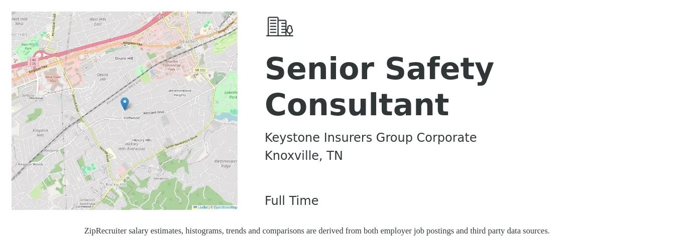 Keystone Insurers Group Corporate job posting for a Senior Safety Consultant in Knoxville, TN with a salary of $33 to $48 Hourly with a map of Knoxville location.