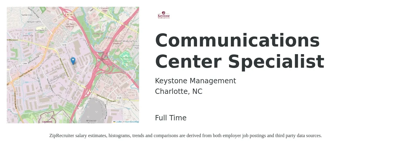 Keystone Management job posting for a Communications Center Specialist in Charlotte, NC with a salary of $21 Hourly with a map of Charlotte location.