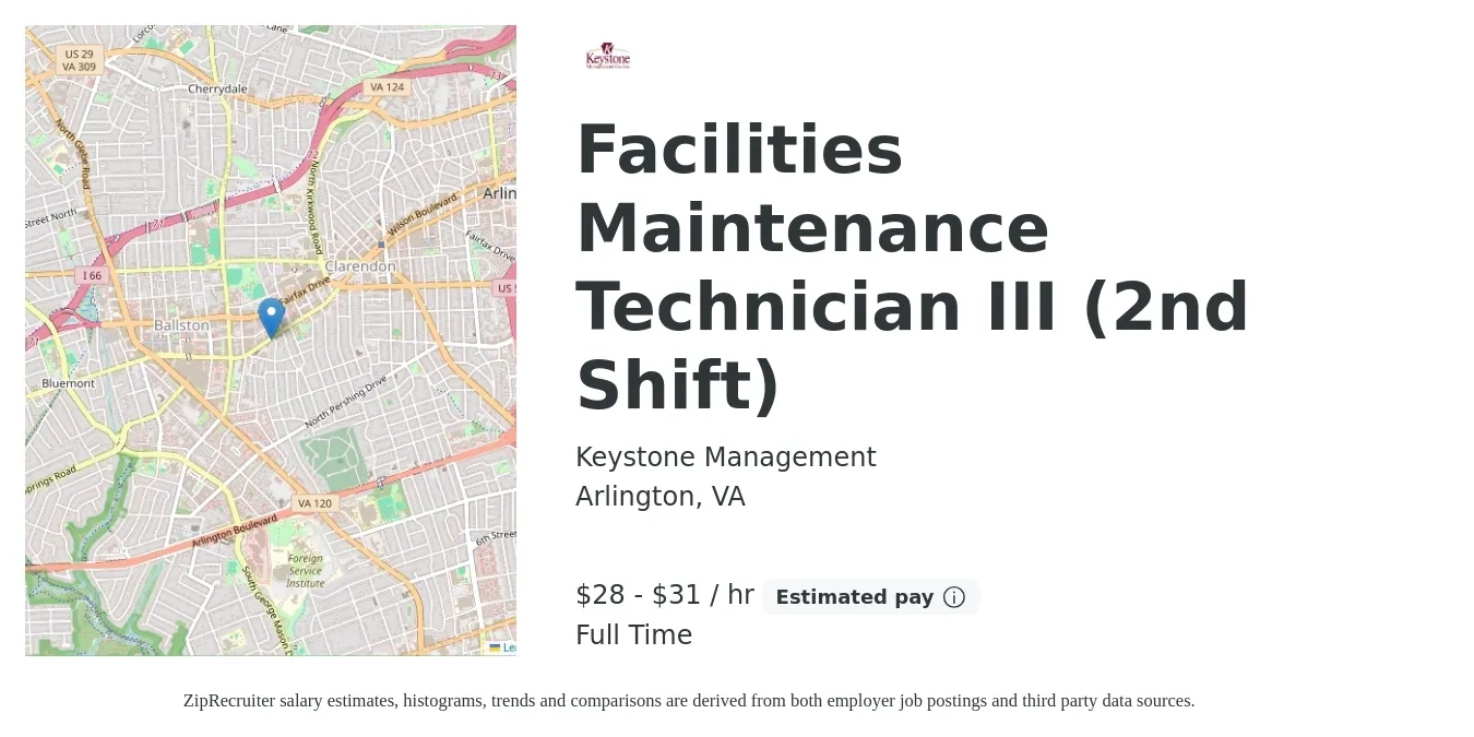 Keystone Management job posting for a Facilities Maintenance Technician III (2nd Shift) in Arlington, VA with a salary of $30 to $33 Hourly with a map of Arlington location.