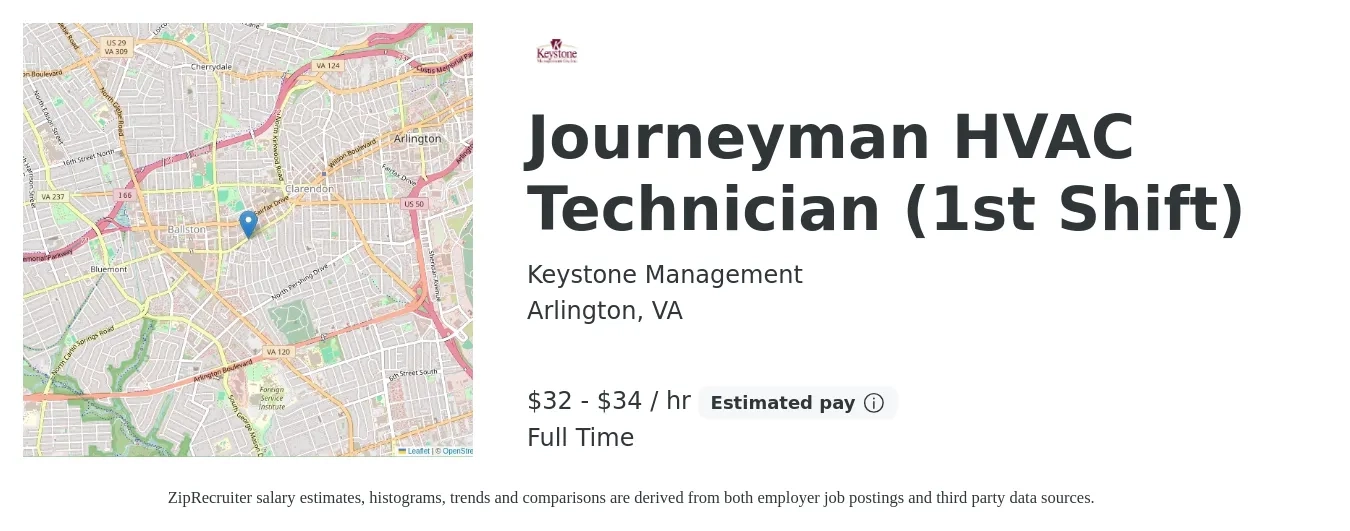 Keystone Management job posting for a Journeyman HVAC Technician (1st Shift) in Arlington, VA with a salary of $34 to $36 Hourly with a map of Arlington location.
