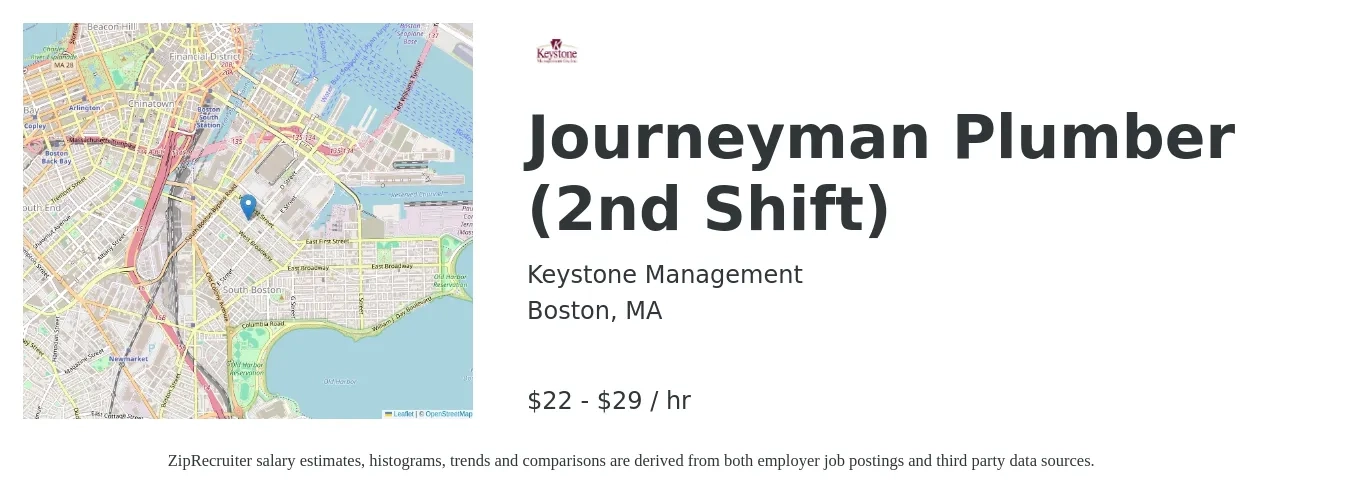 Keystone Management job posting for a Journeyman Plumber (2nd Shift) in Boston, MA with a salary of $23 to $31 Hourly with a map of Boston location.