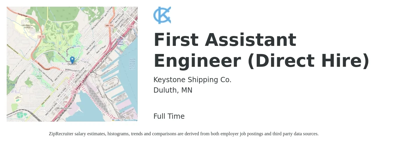 Keystone Shipping Co. job posting for a First Assistant Engineer (Direct Hire) in Duluth, MN with a salary of $70,100 to $103,800 Yearly with a map of Duluth location.