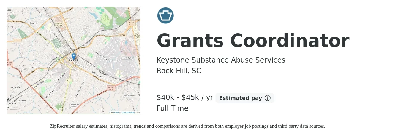 Keystone Substance Abuse Services job posting for a Grants Coordinator in Rock Hill, SC with a salary of $40,000 to $45,000 Yearly with a map of Rock Hill location.