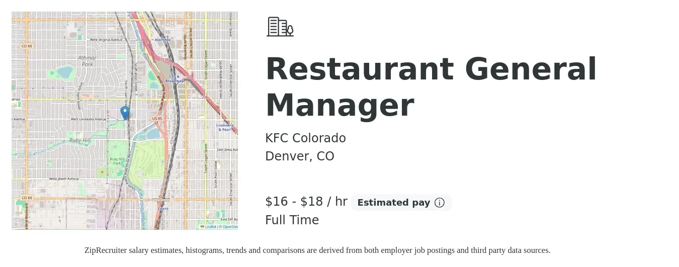 KFC Colorado job posting for a Restaurant General Manager in Denver, CO with a salary of $17 to $19 Hourly with a map of Denver location.