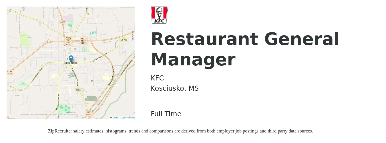 KFC job posting for a Restaurant General Manager in Kosciusko, MS with a salary of $52,900 to $73,000 Yearly with a map of Kosciusko location.