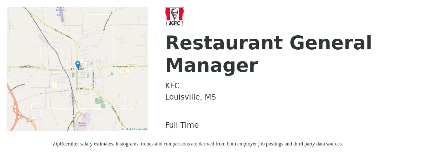 KFC job posting for a Restaurant General Manager in Louisville, MS with a salary of $43,200 to $59,600 Yearly with a map of Louisville location.