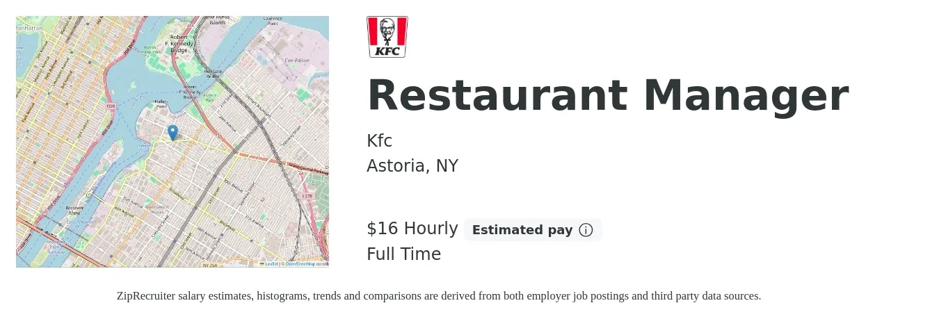 Kfc job posting for a Restaurant Manager in Astoria, NY with a salary of $17 Hourly with a map of Astoria location.
