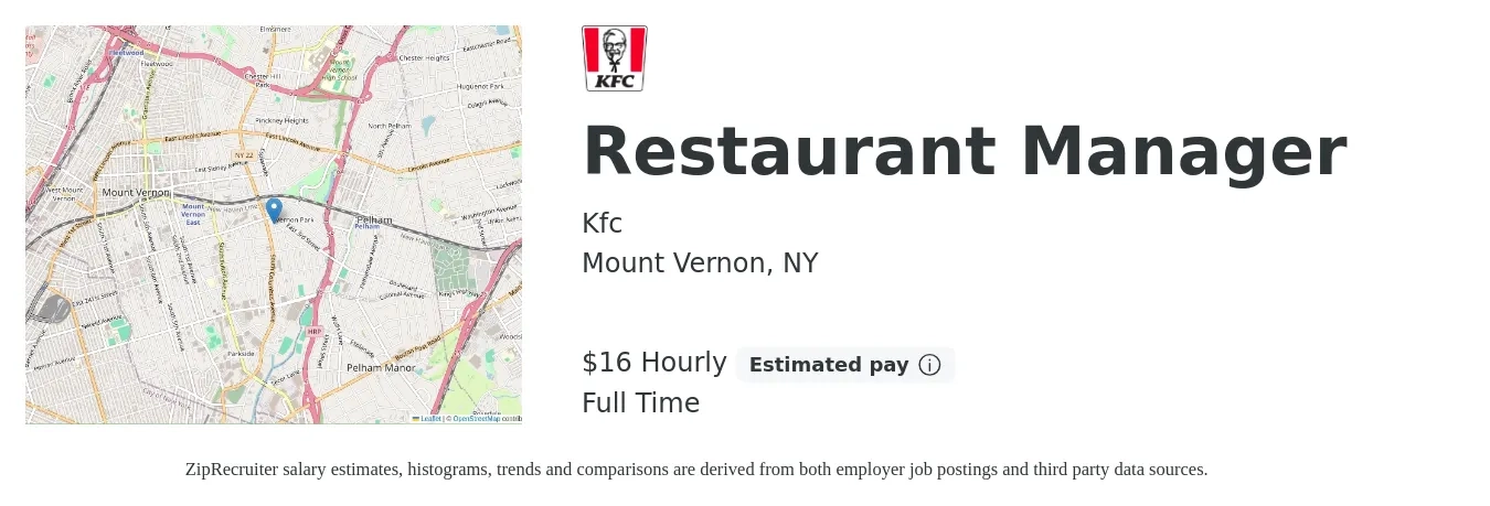 Kfc job posting for a Restaurant Manager in Mount Vernon, NY with a salary of $17 Hourly with a map of Mount Vernon location.