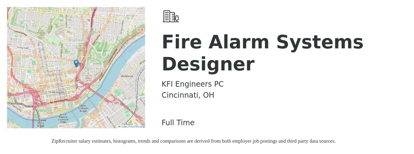 KFI Engineers PC job posting for a Fire Alarm Systems Designer in Cincinnati, OH with a salary of $58,500 to $90,300 Yearly with a map of Cincinnati location.
