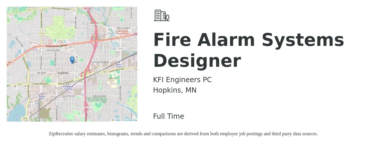 KFI Engineers PC job posting for a Fire Alarm Systems Designer in Hopkins, MN with a salary of $61,100 to $94,200 Yearly with a map of Hopkins location.