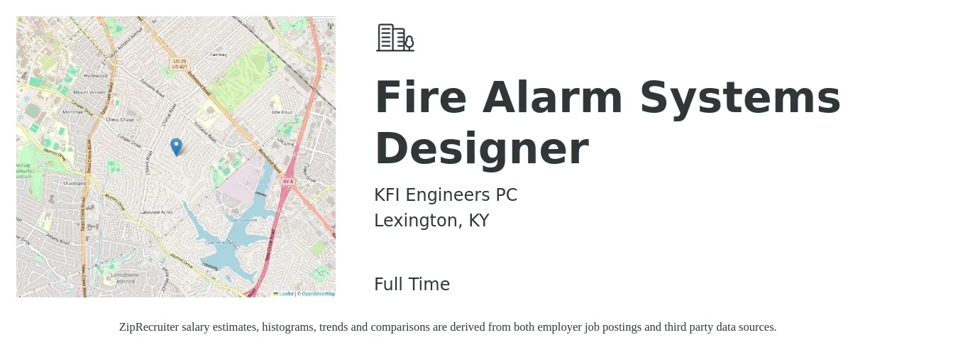 KFI Engineers PC job posting for a Fire Alarm Systems Designer in Lexington, KY with a salary of $52,700 to $81,300 Yearly with a map of Lexington location.