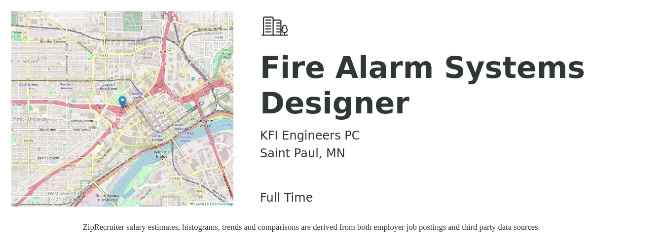 KFI Engineers PC job posting for a Fire Alarm Systems Designer in Saint Paul, MN with a salary of $60,700 to $93,600 Yearly with a map of Saint Paul location.