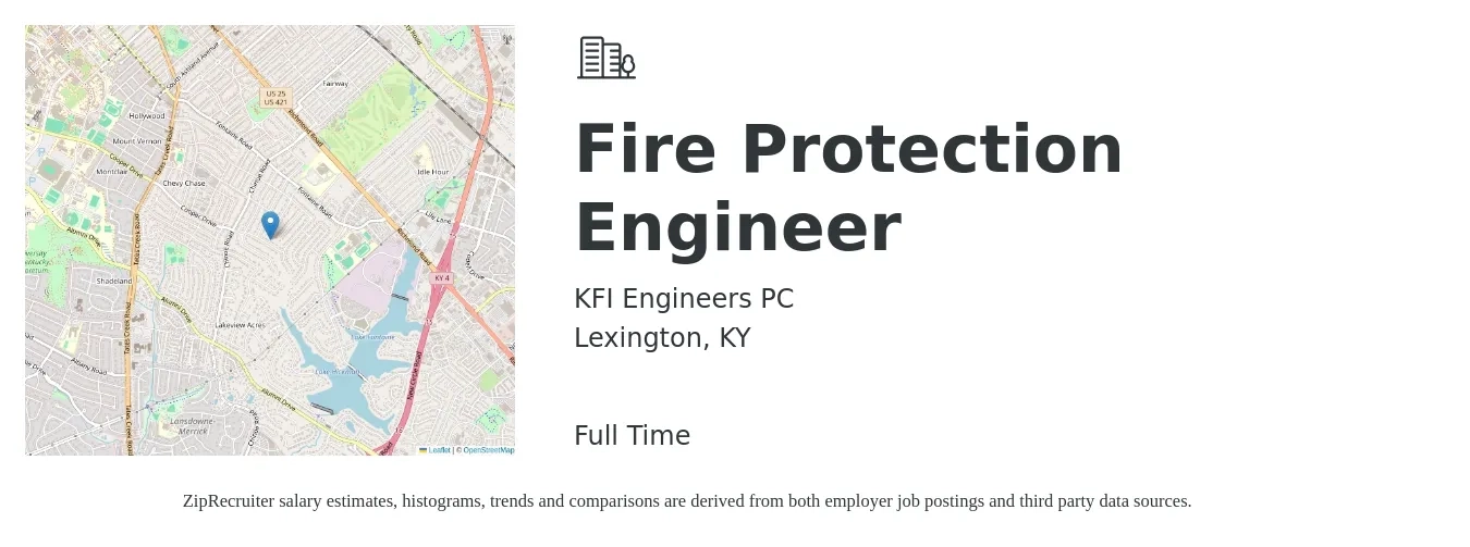 KFI Engineers PC job posting for a Fire Protection Engineer in Lexington, KY with a salary of $72,900 to $98,400 Yearly with a map of Lexington location.