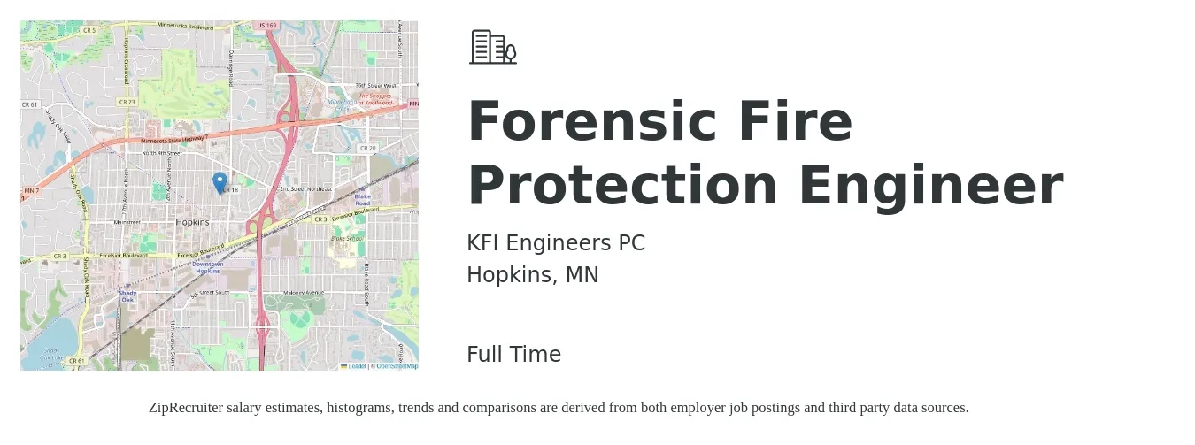 KFI Engineers PC job posting for a Forensic Fire Protection Engineer in Hopkins, MN with a salary of $90,100 to $158,300 Yearly with a map of Hopkins location.