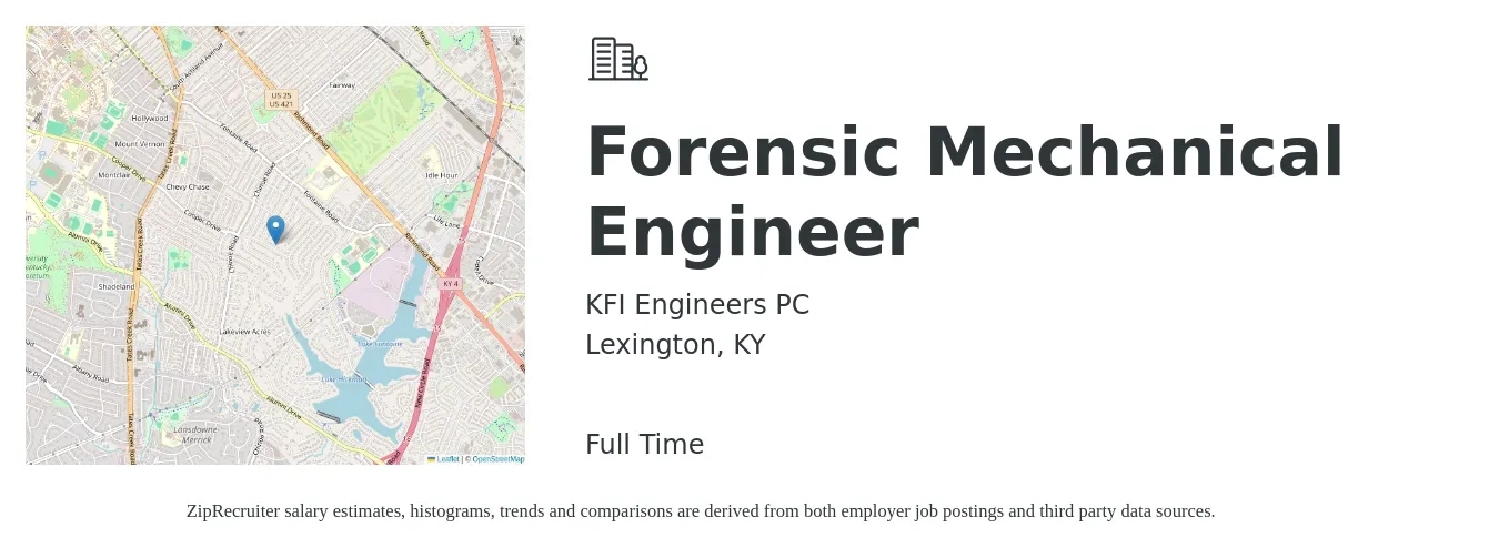 KFI Engineers PC job posting for a Forensic Mechanical Engineer in Lexington, KY with a salary of $71,600 to $111,200 Yearly with a map of Lexington location.