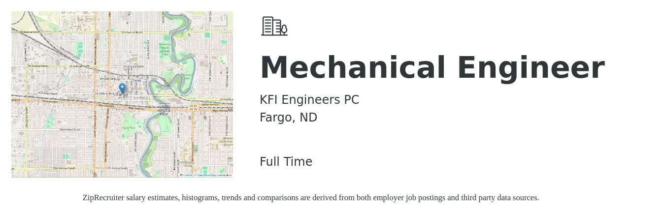 KFI Engineers PC job posting for a Mechanical Engineer in Fargo, ND with a salary of $80,000 to $124,200 Yearly with a map of Fargo location.