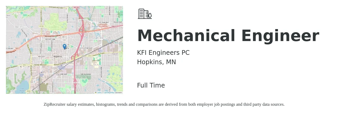 KFI Engineers PC job posting for a Mechanical Engineer in Hopkins, MN with a salary of $83,000 to $128,800 Yearly with a map of Hopkins location.