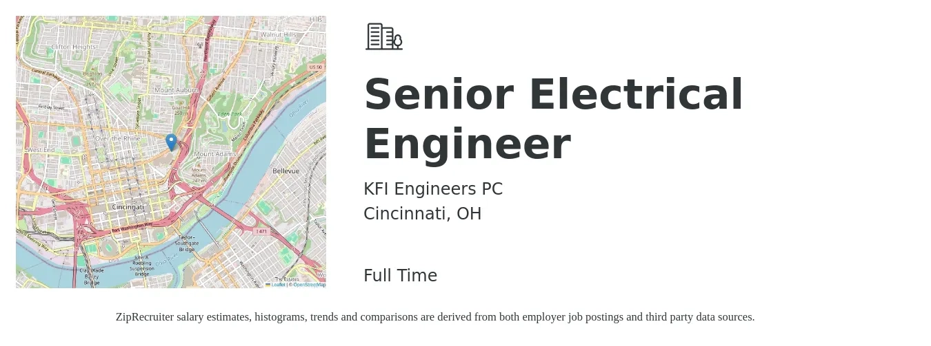 KFI Engineers PC job posting for a Senior Electrical Engineer in Cincinnati, OH with a salary of $104,900 to $136,600 Yearly with a map of Cincinnati location.