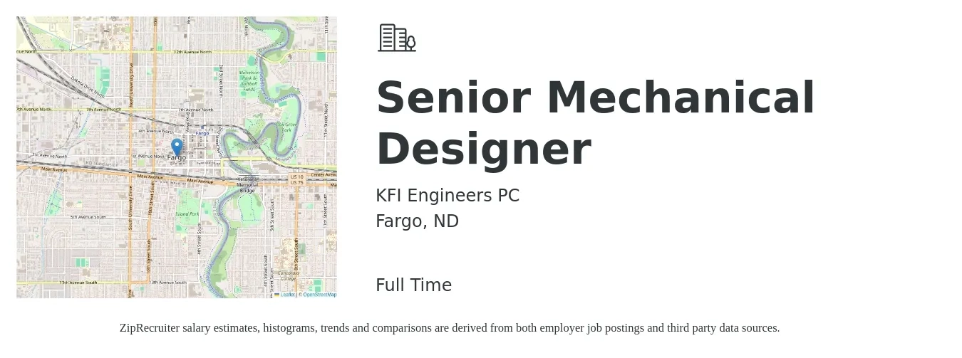 KFI Engineers PC job posting for a Senior Mechanical Designer in Fargo, ND with a salary of $36 to $47 Hourly with a map of Fargo location.