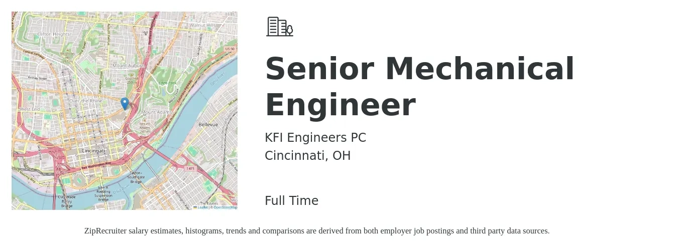 KFI Engineers PC job posting for a Senior Mechanical Engineer in Cincinnati, OH with a salary of $102,000 to $134,700 Yearly with a map of Cincinnati location.
