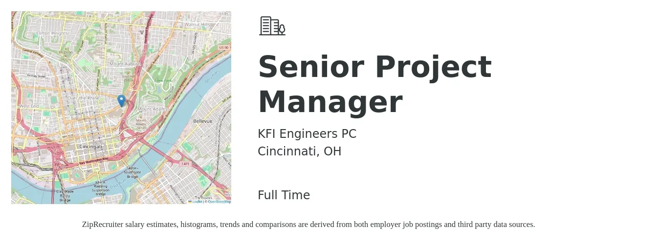 KFI Engineers PC job posting for a Senior Project Manager in Cincinnati, OH with a salary of $101,000 to $142,500 Yearly with a map of Cincinnati location.