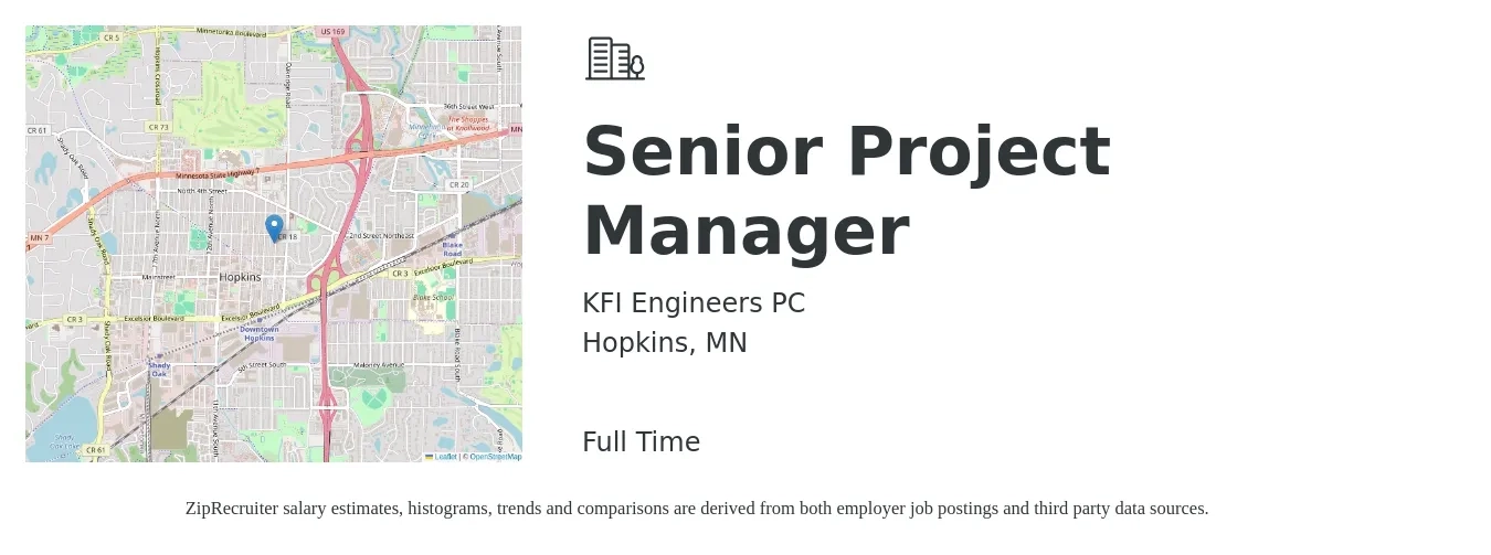 KFI Engineers PC job posting for a Senior Project Manager in Hopkins, MN with a salary of $105,400 to $148,700 Yearly with a map of Hopkins location.