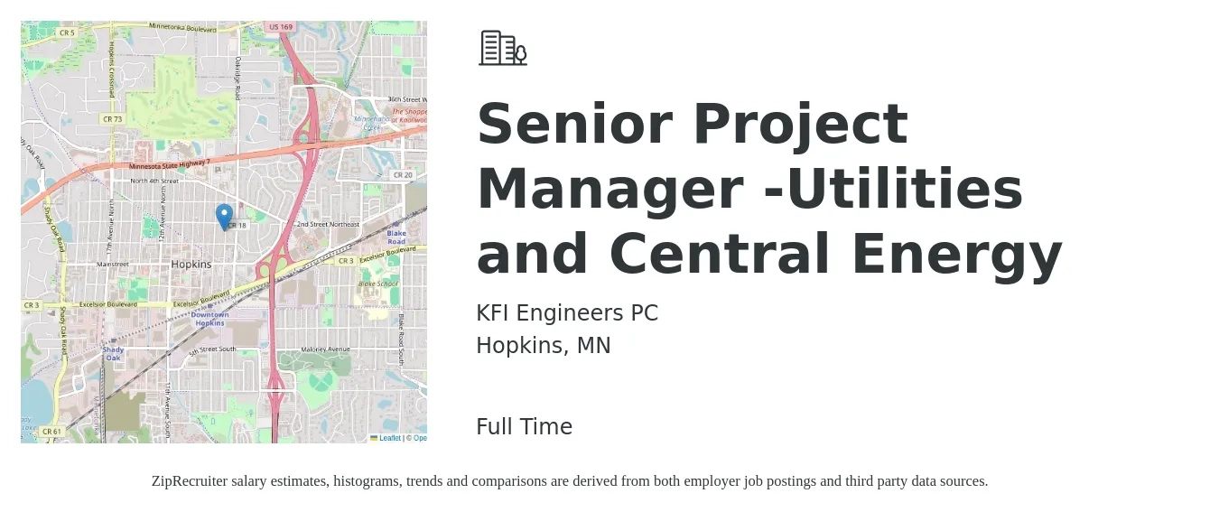 KFI Engineers PC job posting for a Senior Project Manager -Utilities and Central Energy in Hopkins, MN with a salary of $105,400 to $148,700 Yearly with a map of Hopkins location.