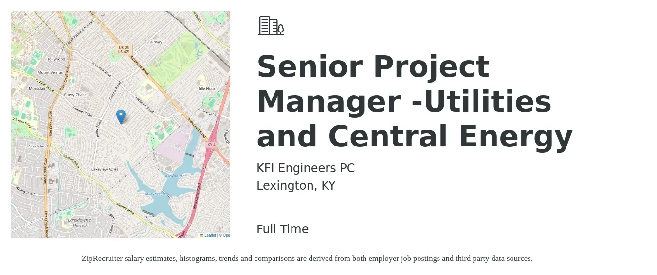 KFI Engineers PC job posting for a Senior Project Manager -Utilities and Central Energy in Lexington, KY with a salary of $91,000 to $128,300 Yearly with a map of Lexington location.