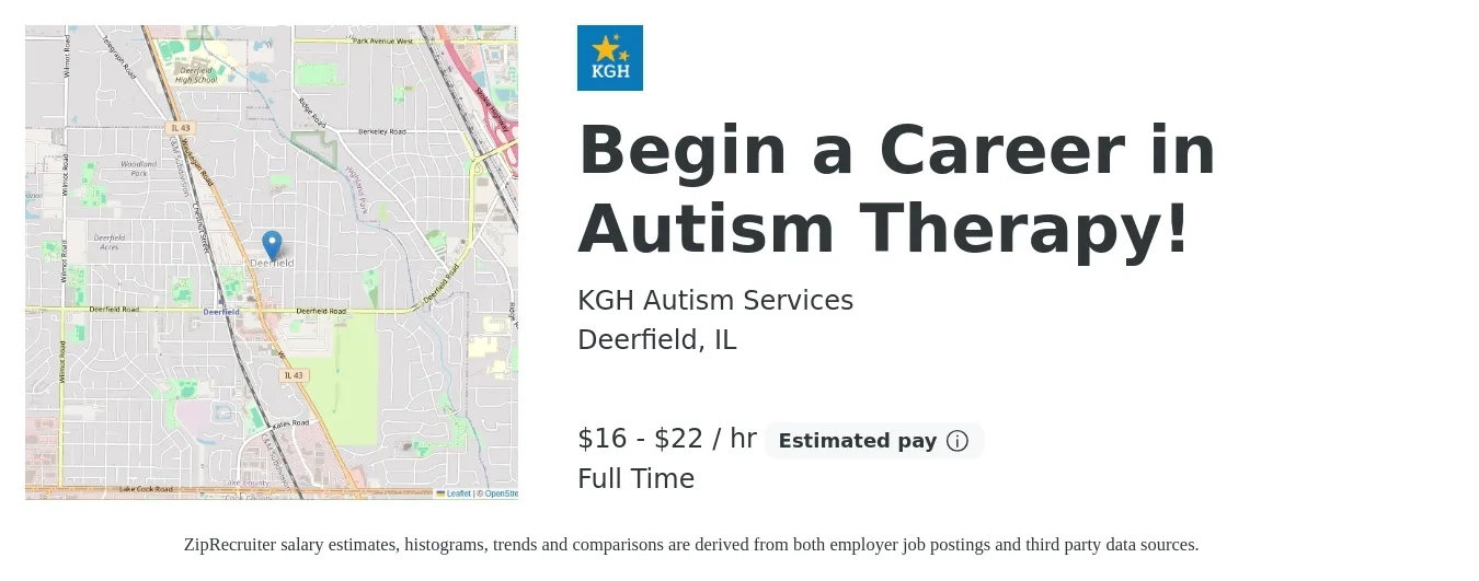 KGH Autism Services job posting for a Begin a Career in Autism Therapy! in Deerfield, IL with a salary of $17 to $23 Hourly with a map of Deerfield location.
