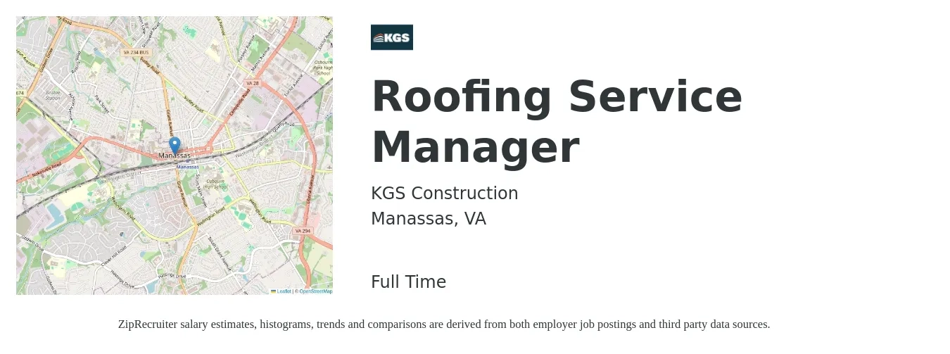 KGS Construction job posting for a Roofing Service Manager in Manassas, VA with a salary of $52,000 to $80,500 Yearly with a map of Manassas location.