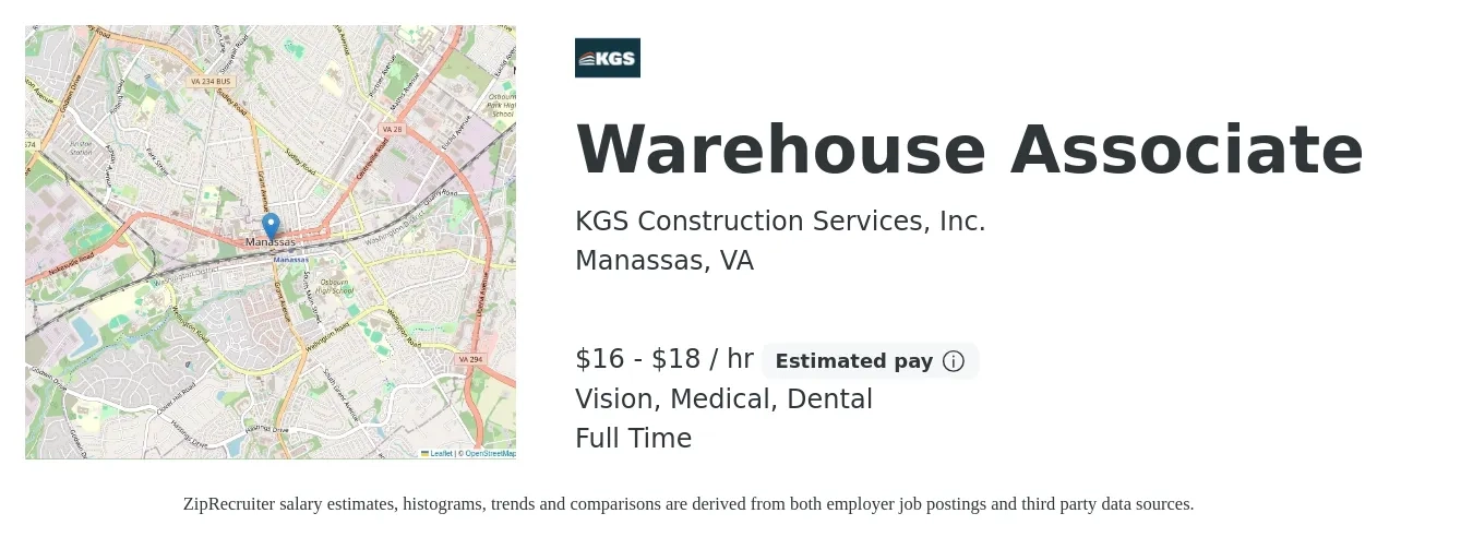 KGS Construction Services, Inc. job posting for a Warehouse Associate in Manassas, VA with a salary of $17 to $19 Hourly and benefits including vision, dental, and medical with a map of Manassas location.