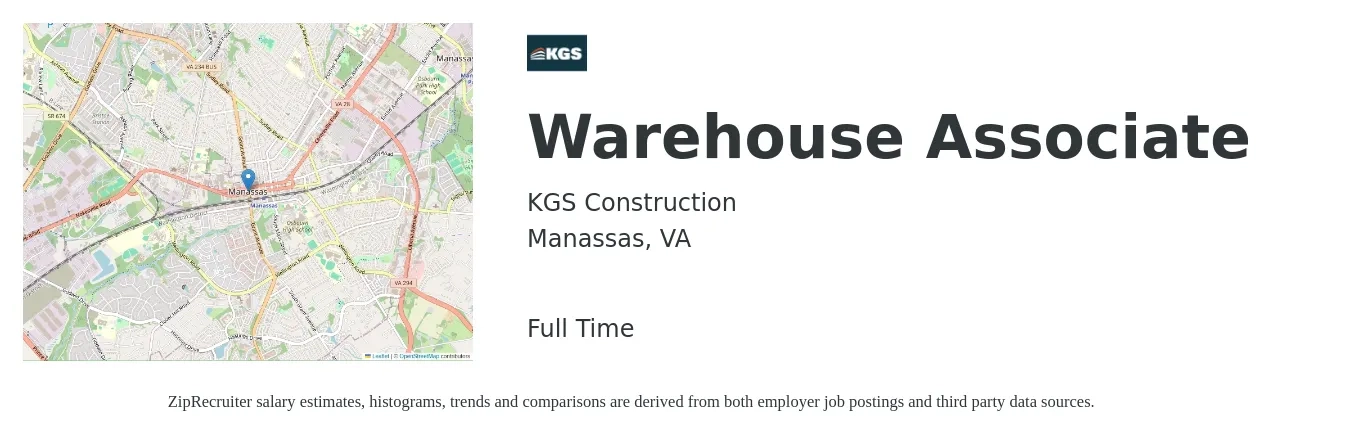 Kgs Construction Inc job posting for a Warehouse Associate in Manassas, VA with a salary of $16 to $19 Hourly with a map of Manassas location.