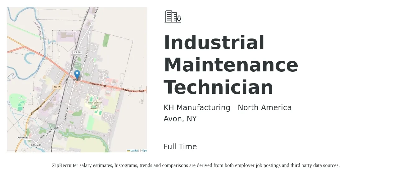 KH Manufacturing - North America job posting for a Industrial Maintenance Technician in Avon, NY with a salary of $32 Hourly with a map of Avon location.