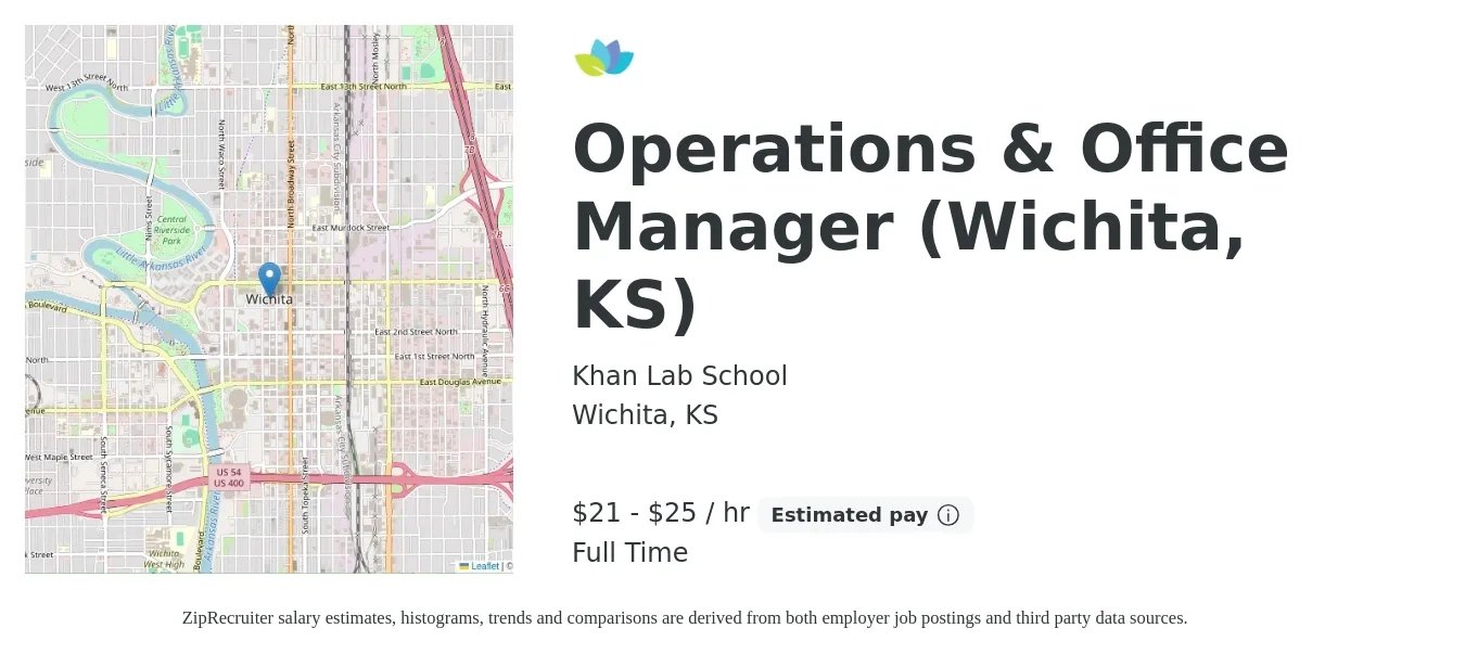 Khan Lab School job posting for a Operations & Office Manager (Wichita, KS) in Wichita, KS with a salary of $22 to $26 Hourly with a map of Wichita location.