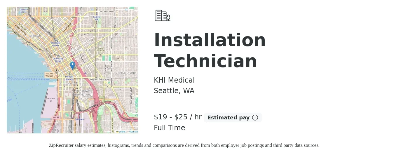 KHI Medical job posting for a Installation Technician in Seattle, WA with a salary of $18 to $27 Hourly with a map of Seattle location.