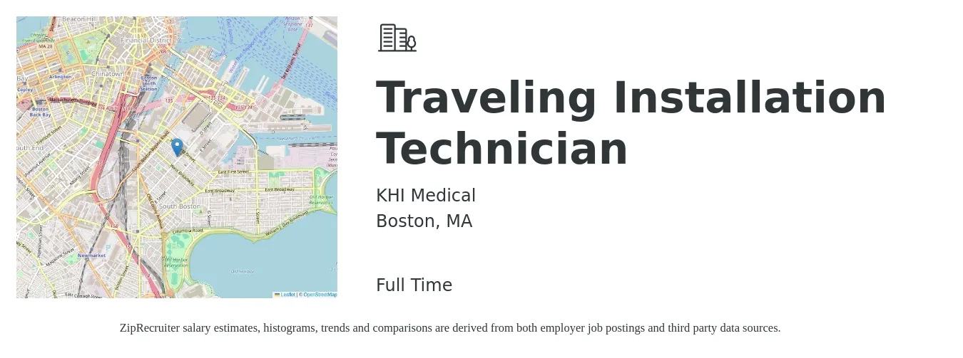 KHI Medical job posting for a Traveling Installation Technician in Boston, MA with a salary of $18 to $23 Hourly with a map of Boston location.