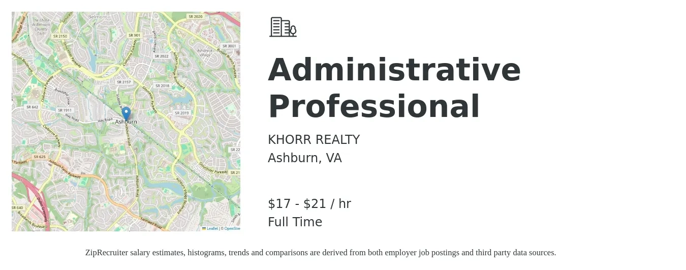 KHORR REALTY job posting for a Administrative Professional in Ashburn, VA with a salary of $18 to $22 Hourly with a map of Ashburn location.