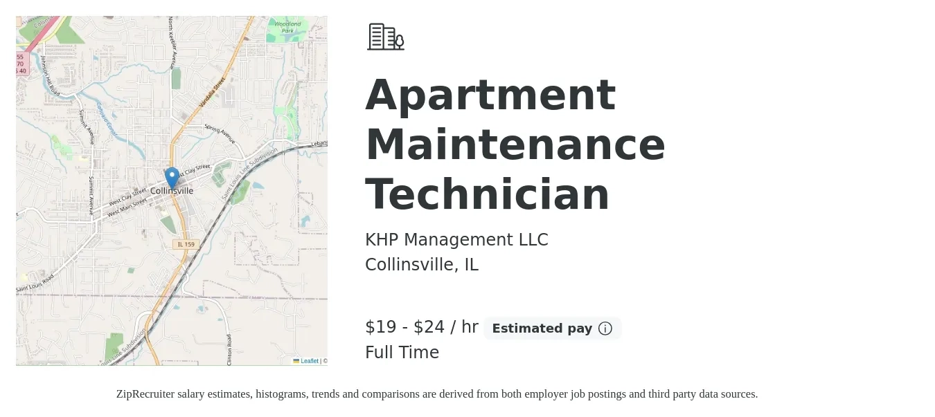 KHP Management LLC job posting for a Apartment Maintenance Technician in Collinsville, IL with a salary of $20 to $25 Hourly with a map of Collinsville location.