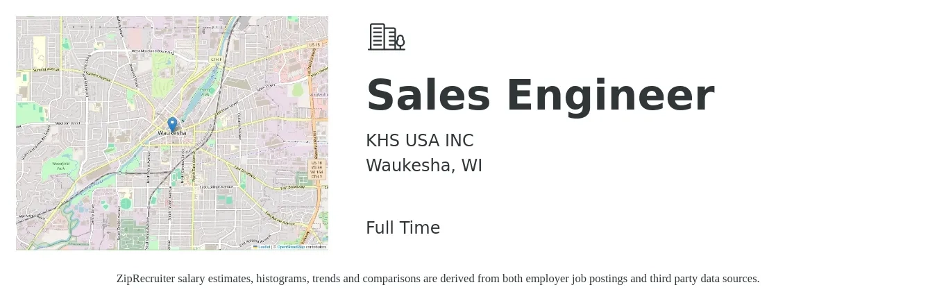 KHS USA INC job posting for a Sales Engineer in Waukesha, WI with a salary of $75,100 to $112,600 Yearly with a map of Waukesha location.