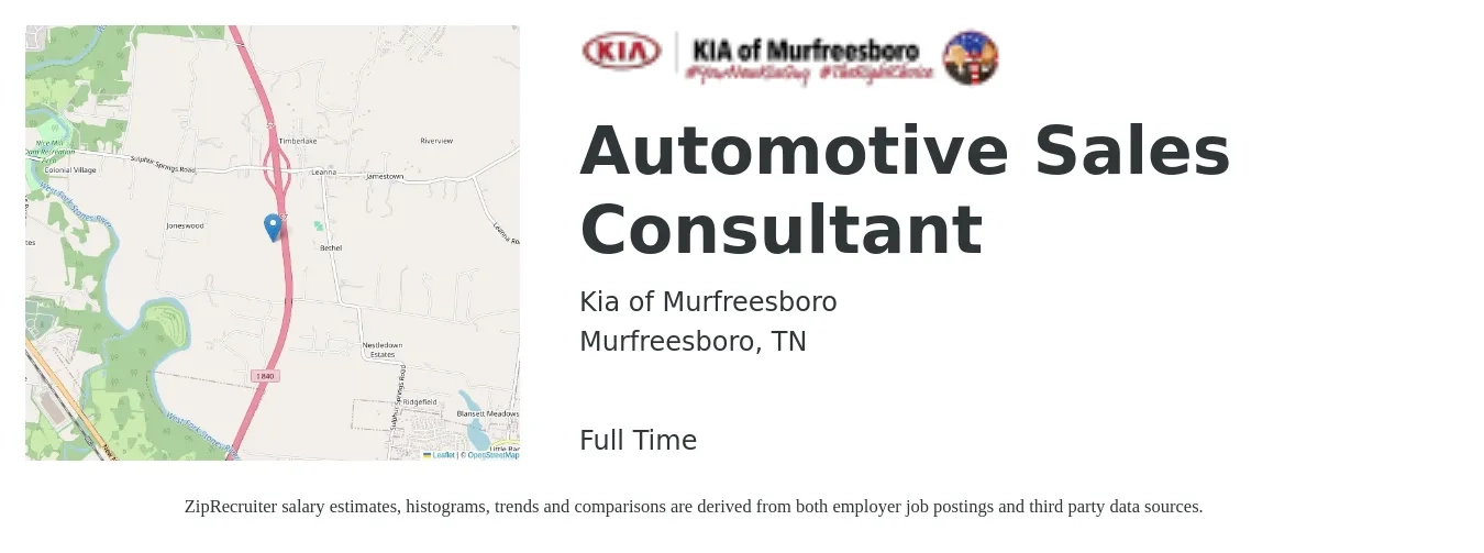 Kia of Murfreesboro job posting for a Automotive Sales Consultant in Murfreesboro, TN with a salary of $37,200 to $72,600 Yearly with a map of Murfreesboro location.