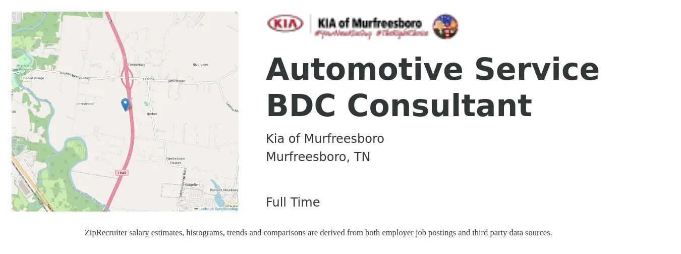 Kia of Murfreesboro job posting for a Automotive Service BDC Consultant in Murfreesboro, TN with a salary of $14 to $18 Hourly with a map of Murfreesboro location.