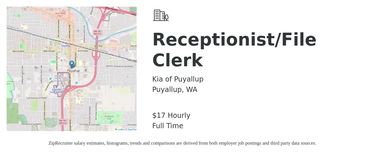 Kia of Puyallup job posting for a Receptionist/File Clerk in Puyallup, WA with a salary of $18 Hourly with a map of Puyallup location.