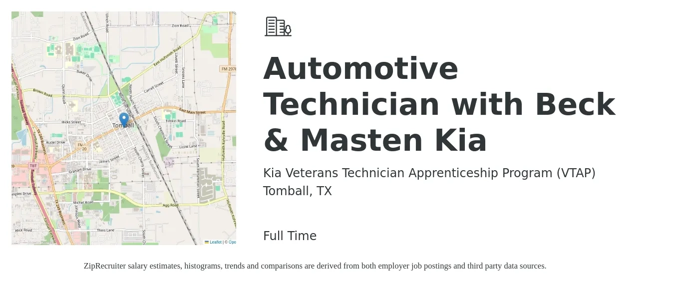Kia Veterans Technician Apprenticeship Program (VTAP) job posting for a Automotive Technician with Beck & Masten Kia in Tomball, TX with a salary of $20 to $33 Hourly with a map of Tomball location.