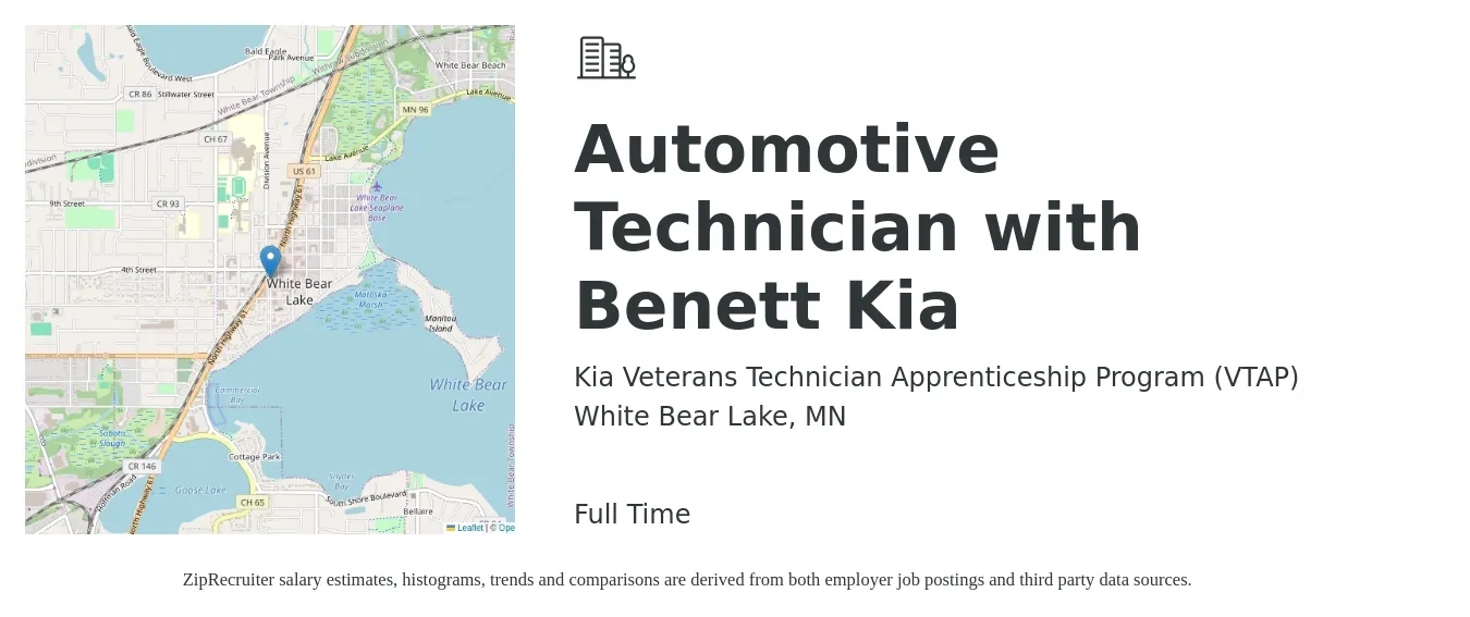 Kia Veterans Technician Apprenticeship Program (VTAP) job posting for a Automotive Technician with Benett Kia in White Bear Lake, MN with a salary of $22 to $36 Hourly with a map of White Bear Lake location.