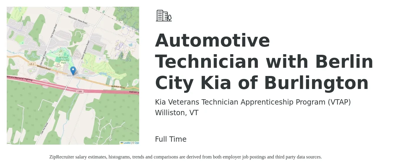 Kia Veterans Technician Apprenticeship Program (VTAP) job posting for a Automotive Technician with Berlin City Kia of Burlington in Williston, VT with a salary of $22 to $36 Hourly with a map of Williston location.