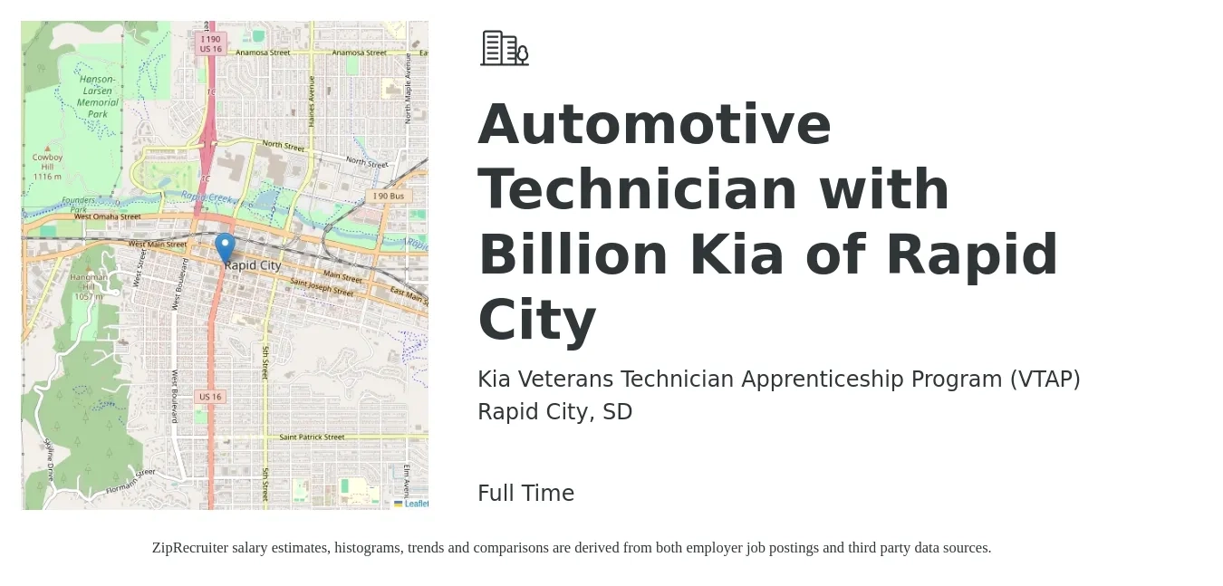Kia Veterans Technician Apprenticeship Program (VTAP) job posting for a Automotive Technician with Billion Kia of Rapid City in Rapid City, SD with a salary of $22 to $34 Hourly with a map of Rapid City location.